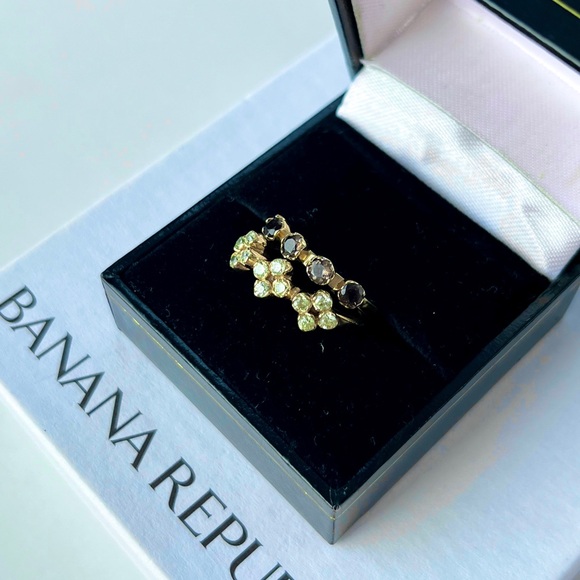 Banana Republic Stacking Ring Set in Yellow Gold-tone w/ Green & Black Gemstones - Picture 2 of 13